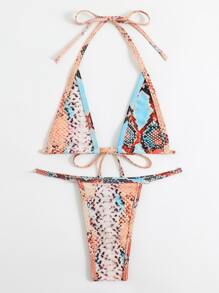 Swim SXY 夏日沙灘蛇紋印花領後三角比基尼套裝 - 彩色 - 查看 6