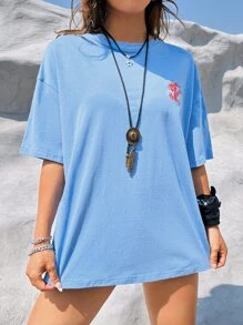 SHEIN Coolane 西部風格牛仔女孩中國龍和字母圖案落肩T恤