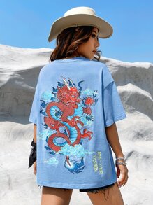 SHEIN Coolane 西部風格牛仔女孩中國龍和字母圖案落肩T恤