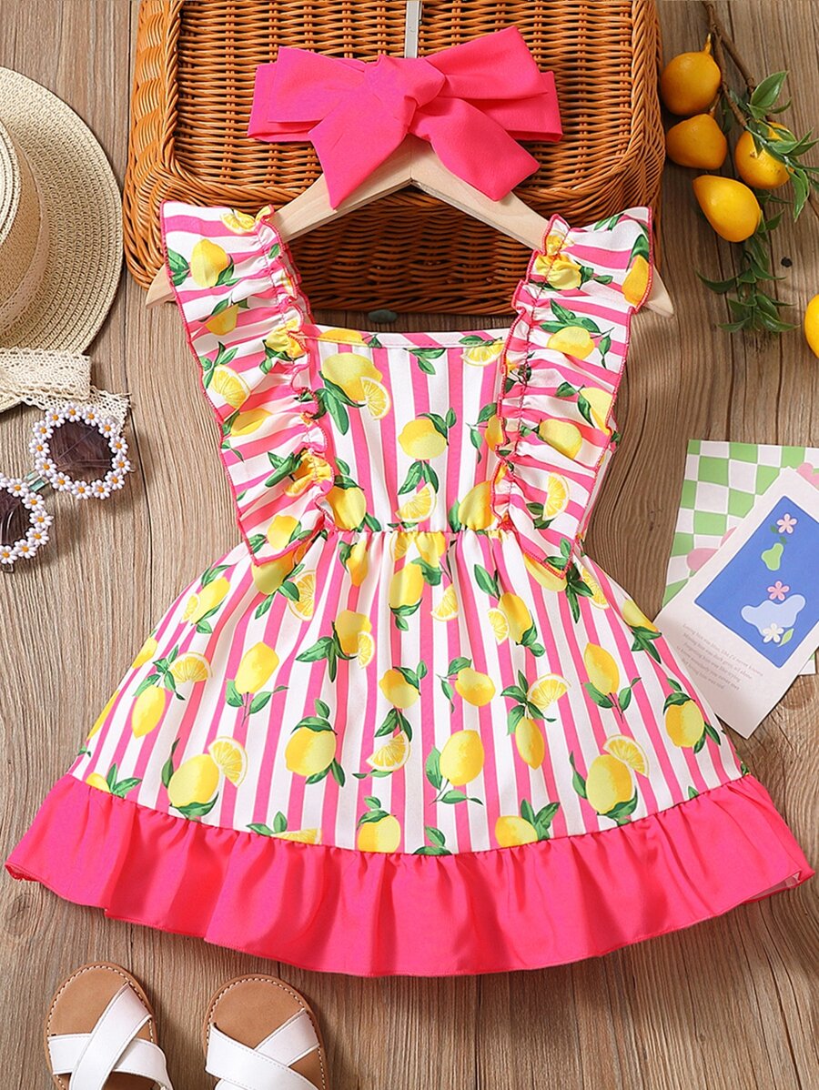 嬰兒條紋圖案和檸檬圖案荷葉邊連衣裙附髮帶 - 玫紅色 - 查看 1