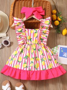 嬰兒條紋圖案和檸檬圖案荷葉邊連衣裙附髮帶 - 玫紅色 - 查看 2