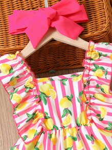 嬰兒條紋圖案和檸檬圖案荷葉邊連衣裙附髮帶 - 玫紅色 - 查看 3