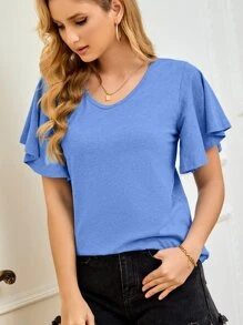 SHEIN LUNE 素色蝴蝶袖T恤 - 藍色 - 查看 4