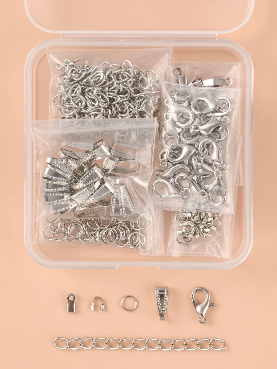 1盒DIY珠寶製作查找套件，包括鋅合金龍蝦爪扣鐵開口跳環和折疊壓接端和端鏈黃銅按扣和鋼絲守護者鉑金龍蝦扣DIY珠寶配件