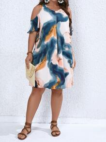 SHEIN LUNE 大碼大理石圖案挖肩直筒連衣裙 - 彩色 - 查看 5