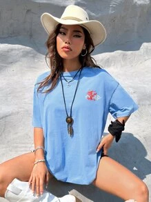 SHEIN Coolane 西部風格牛仔女孩中國龍和字母圖案落肩T恤