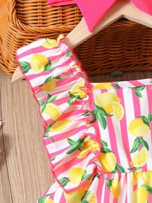 嬰兒條紋圖案和檸檬圖案荷葉邊連衣裙附髮帶 - 玫紅色 - 查看 4