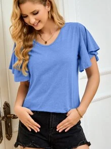 SHEIN LUNE 素色蝴蝶袖T恤 - 藍色 - 查看 5