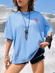 SHEIN Coolane 西部風格牛仔女孩中國龍和字母圖案落肩T恤