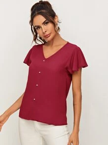 SHEIN Clasi Áo sơ mi nữ cườm đính Ngọc trai Xù màu trơn Giải trí - Màu Đỏ Sâu - Xem 4