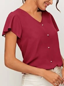 SHEIN Clasi Áo sơ mi nữ cườm đính Ngọc trai Xù màu trơn Giải trí - Màu Đỏ Sâu - Xem 5