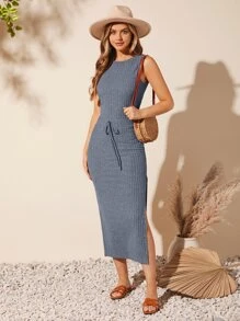 SHEIN Clasi Solid Tank Top & Knot Front Split Thigh Skirt - Navy Blue - View 4