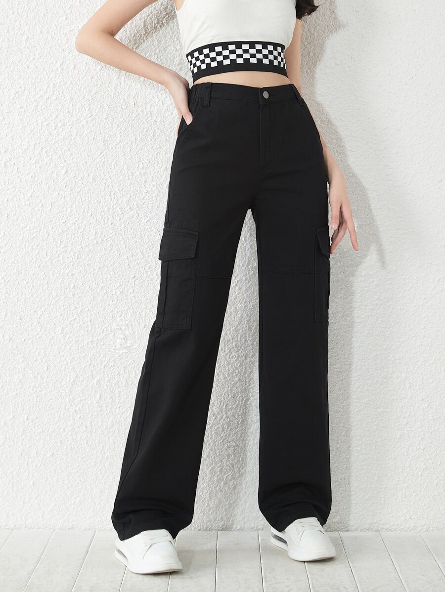 青少年女孩翻蓋口袋工裝牛仔褲