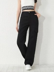 青少年女孩翻蓋口袋工裝牛仔褲