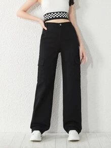 青少年女孩翻蓋口袋工裝牛仔褲