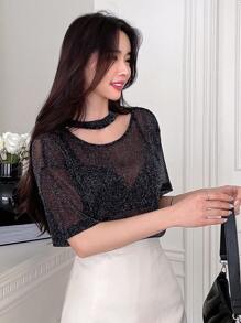 DAZY Áo lưới cắt phía trước lấp lánh không có áo ngực - màu đen - Xem 1