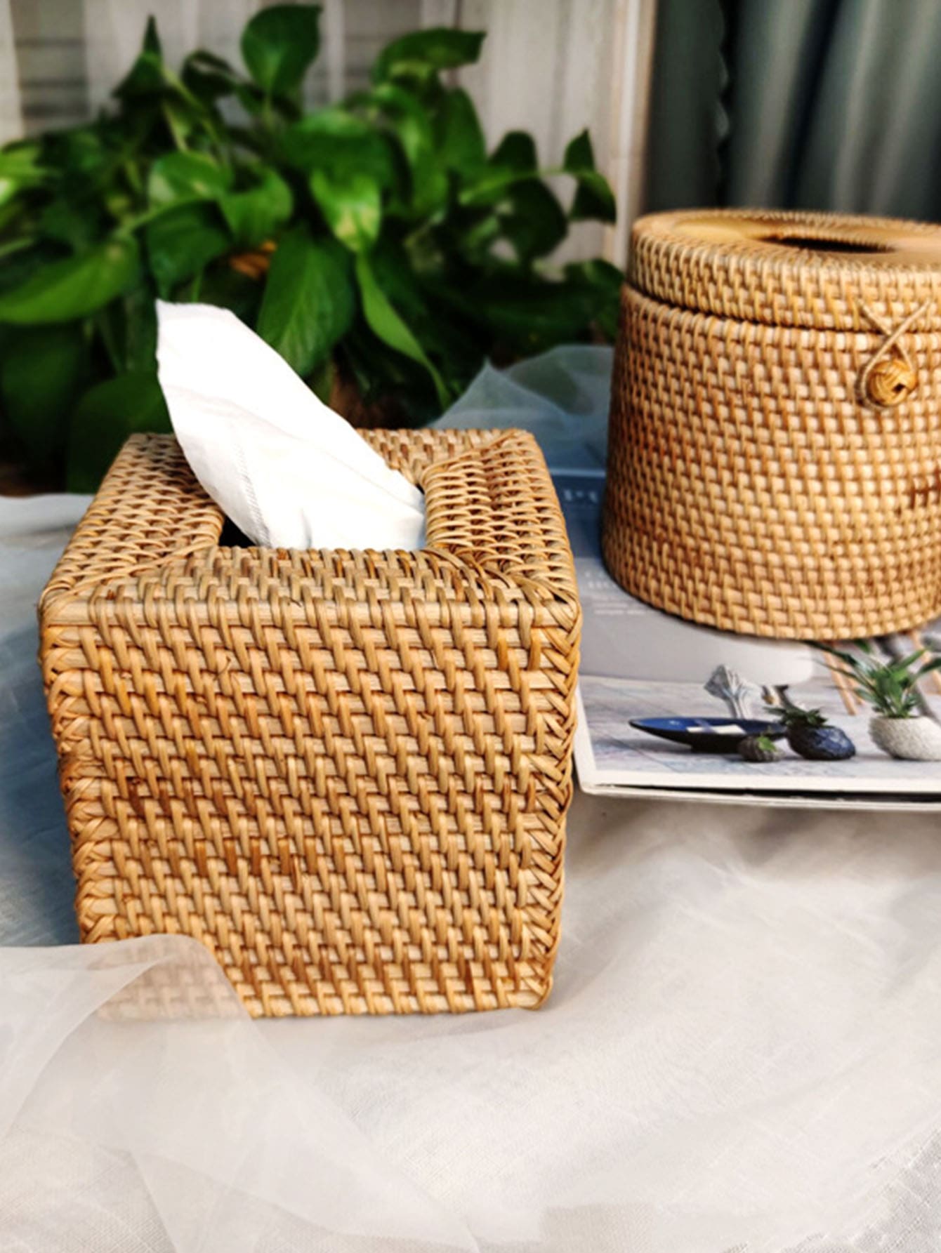 1入組藤紙巾盒日式風紙巾盒套支架 - 卡其色 - 查看 1