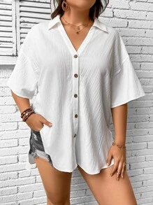 SHEIN VCAY Plus Drop Shoulder Button Front Shirt - White - View 1