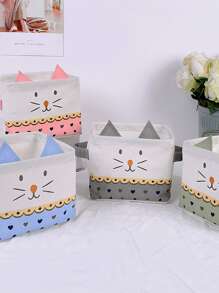 1pc Cat Pattern Storage Box, Cartoon Cute Polyester Container For Home - Grey - View 3