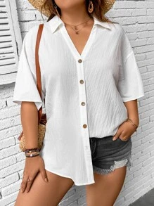 SHEIN VCAY Plus Drop Shoulder Button Front Shirt - White - View 5