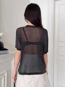 DAZY Áo lưới cắt phía trước lấp lánh không có áo ngực - màu đen - Xem 5