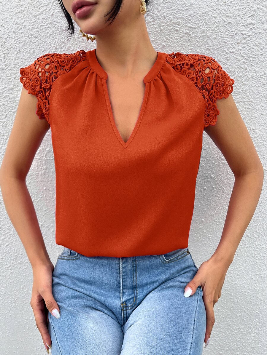 SHEIN Clasi Contrast Guipure Lace Raglan Sleeve Notched Neckline Blouse - Burnt Orange - View 1