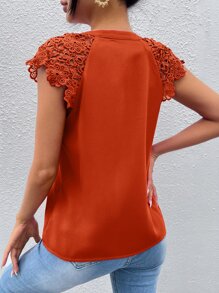 SHEIN Clasi Contrast Guipure Lace Raglan Sleeve Notched Neckline Blouse - Burnt Orange - View 2