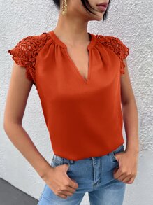 SHEIN Clasi Contrast Guipure Lace Raglan Sleeve Notched Neckline Blouse - Burnt Orange - View 3