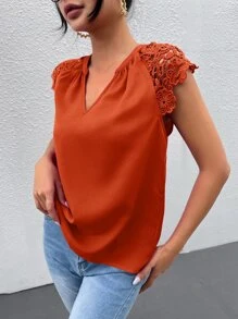 SHEIN Clasi Contrast Guipure Lace Raglan Sleeve Notched Neckline Blouse - Burnt Orange - View 4