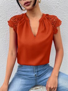 SHEIN Clasi Contrast Guipure Lace Raglan Sleeve Notched Neckline Blouse - Burnt Orange - View 5