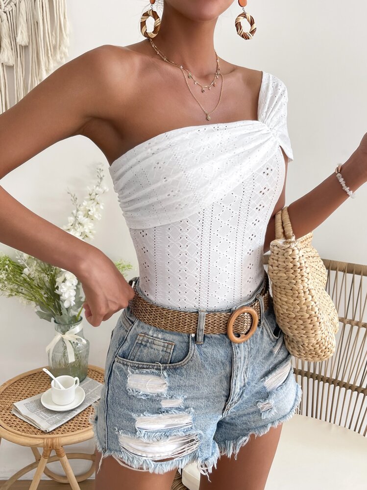 SHEIN VCAY One Shoulder Eyelet Embroidery Ruched Front Top - White - View 4