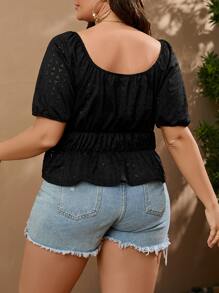 SHEIN LUNE Plus Puff Sleeve Peplum Schiffy Top - Black - View 2