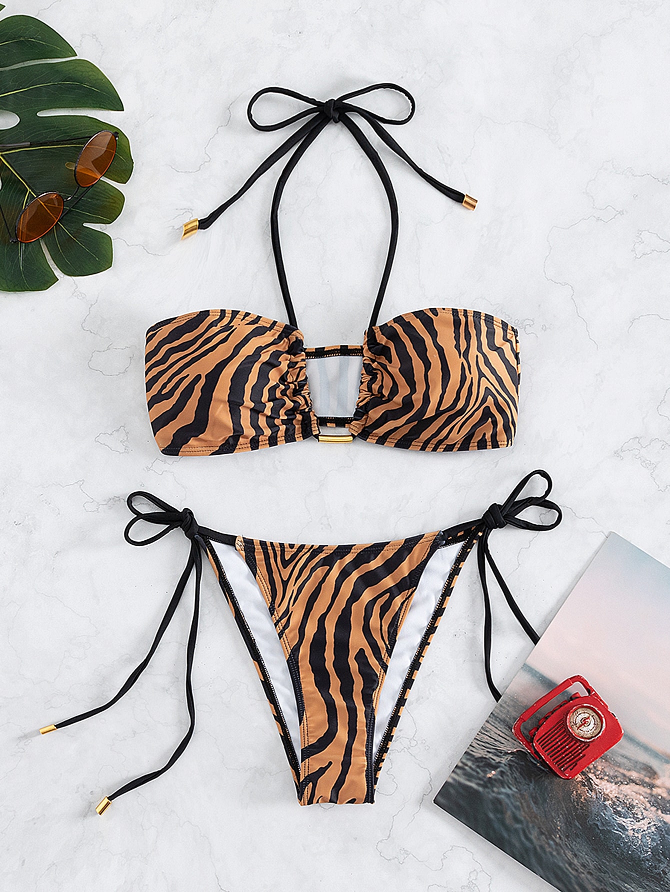 Zebra Striped Halter Tie Side Bikini Swimsuit SHEIN USA