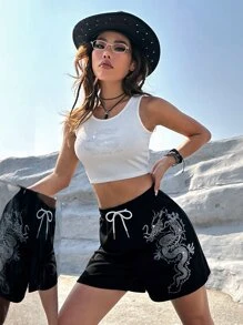 SHEIN Coolane Western Cowgirl Rhinestone Dragon Pattern Crop Tank Top & Drawstring Waist Shorts - Black and White - View 6
