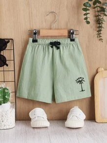 SHEIN Đứa bé trai In cây dừa Eo dây rút Quần short - Màu xanh Bạc hà - Xem 1