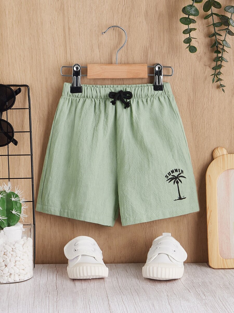 SHEIN Đứa bé trai In cây dừa Eo dây rút Quần short - Màu xanh Bạc hà - Xem 1