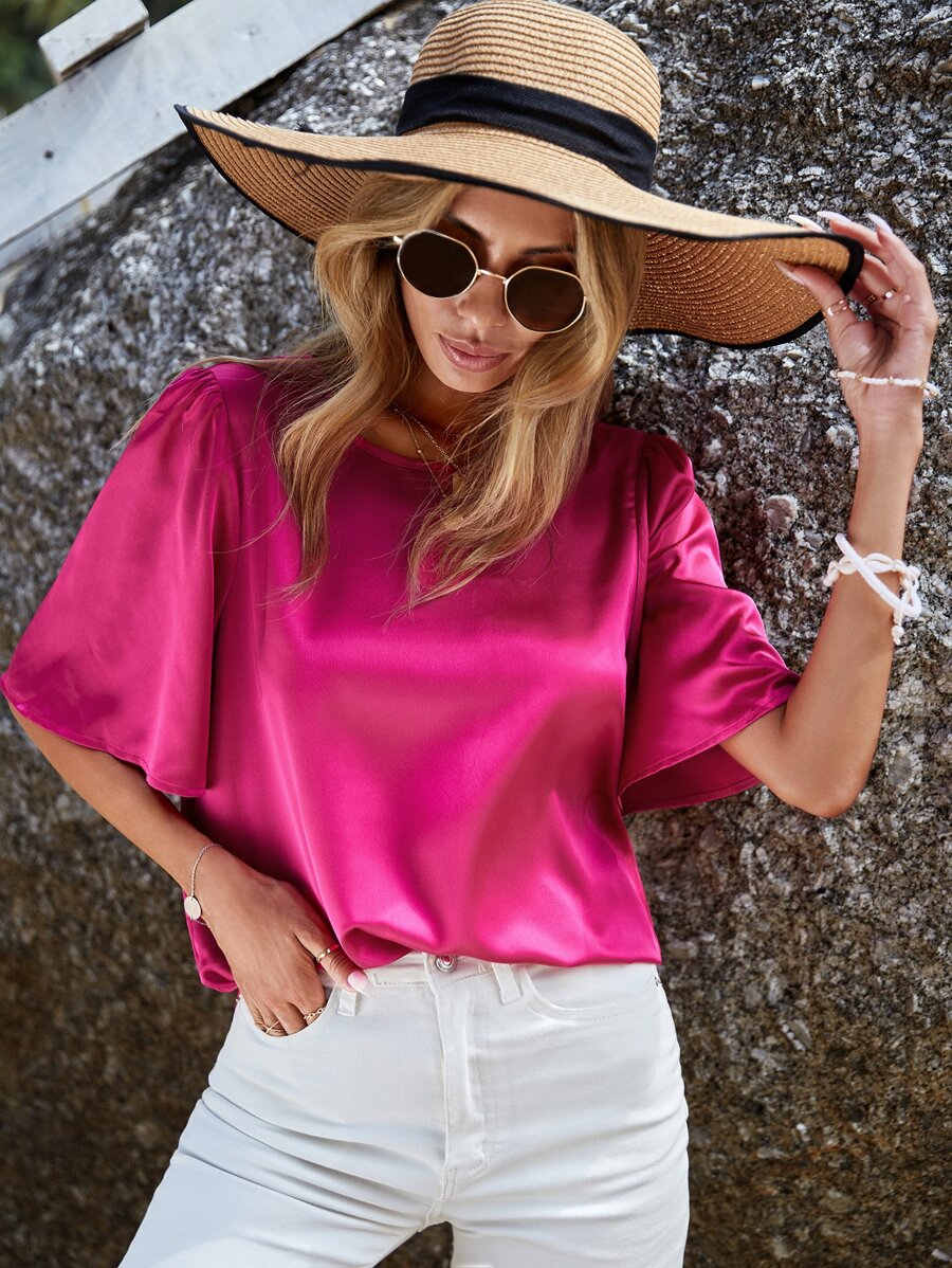 SHEIN LUNE Blusa unicolor de manga mariposa - Rosa Fucsia - Ver 1