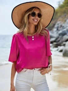 SHEIN LUNE Blusa unicolor de manga mariposa - Rosa Fucsia - Ver 5
