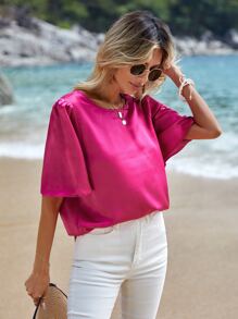 SHEIN LUNE Blusa unicolor de manga mariposa - Rosa Fucsia - Ver 6