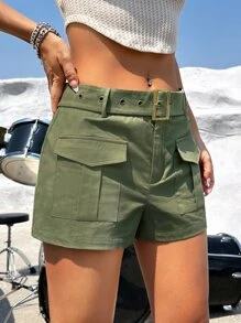 Muchica 西部風格牛仔女孩翻蓋口袋腰帶工裝短褲