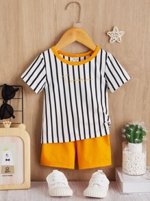 SHEIN Baby Boy Striped & Letter Graphic Tee & Shorts - Mustard Yellow - View 1
