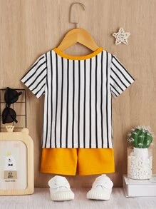 SHEIN Baby Boy Striped & Letter Graphic Tee & Shorts - Mustard Yellow - View 2