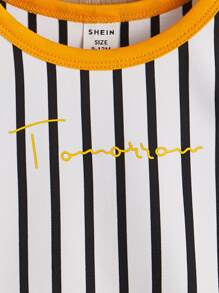 SHEIN Baby Boy Striped & Letter Graphic Tee & Shorts - Mustard Yellow - View 3