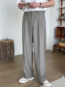 DAZY 男士褶皺細節直筒西裝褲 - 卡其色 - 查看 3