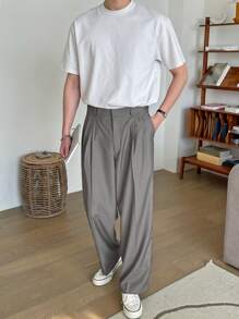 DAZY 男士褶皺細節直筒西裝褲 - 卡其色 - 查看 6