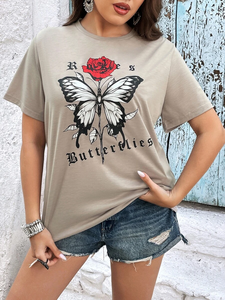 SHEIN LUNE Camiseta con estampado de mariposa y letra