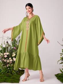 Al Najma Contrast Trim Ruffle Hem Kaftan - Lime Green - View 1