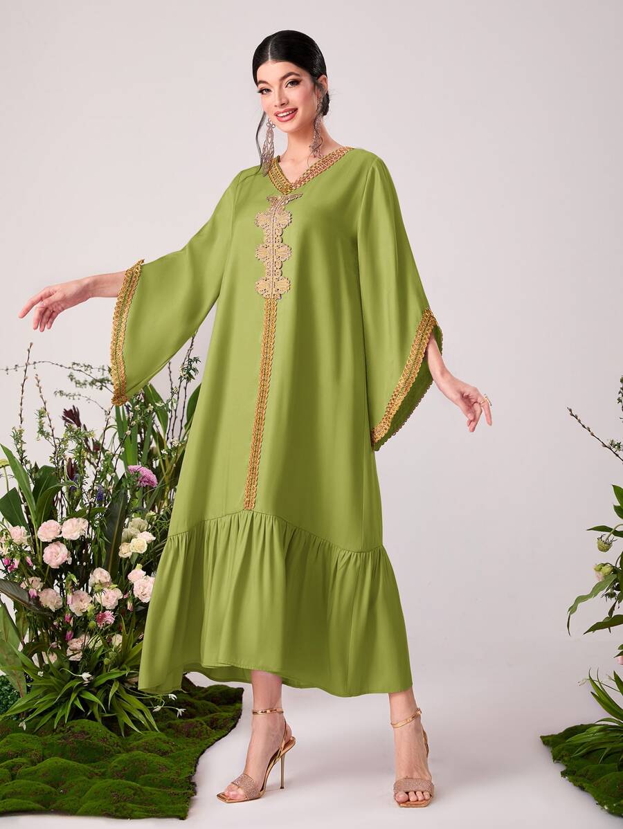 Al Najma Contrast Trim Ruffle Hem Kaftan - Lime Green - View 1