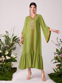 Al Najma Contrast Trim Ruffle Hem Kaftan - Lime Green - View 3