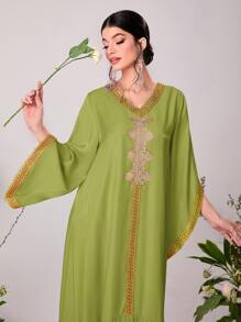 Al Najma Contrast Trim Ruffle Hem Kaftan - Lime Green - View 5
